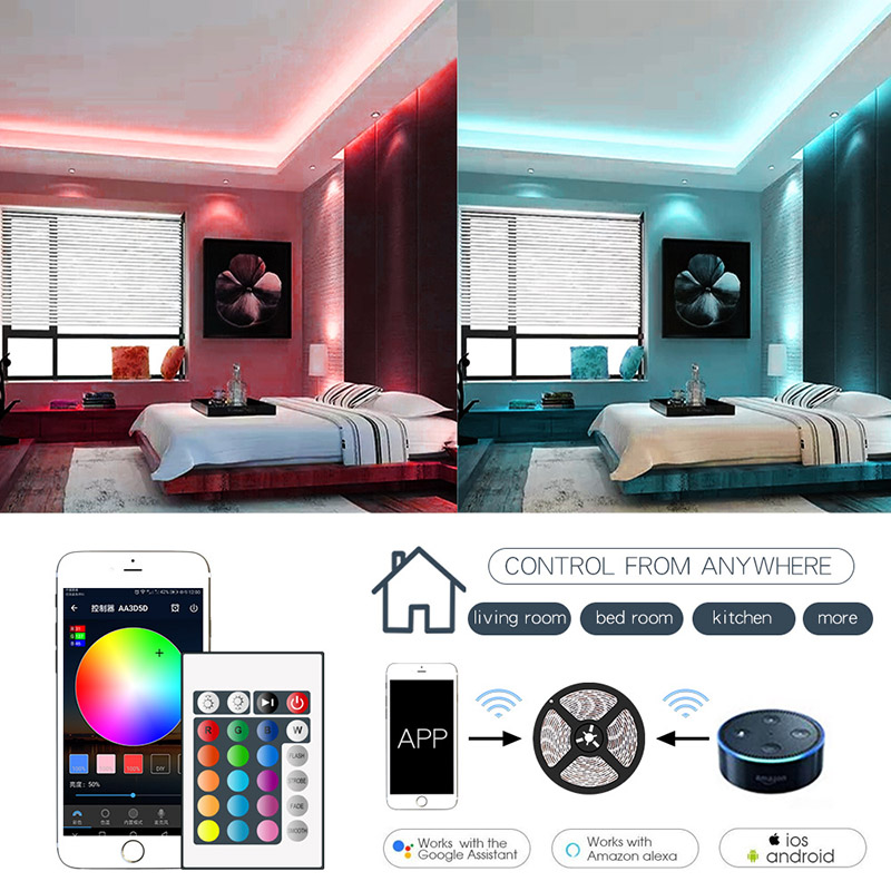 DC12V 16.4ft/5M 5050RGB WIFI Intelligent Voice Dimmable Color LED Light Strip Kit,30LEDs/M, Glue Multi Colorful LED Light Strip DC12V 16.4ft/5M 5050RGB WIFI Intelligent Voice Dimmable Color LED Light Strip Kit,30LEDs/M, Glue Multi Colorful LED Light Strip